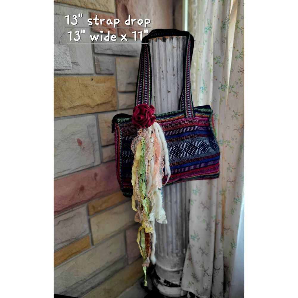 Unique embellished boho hippy purse vibrant colors and lace strands